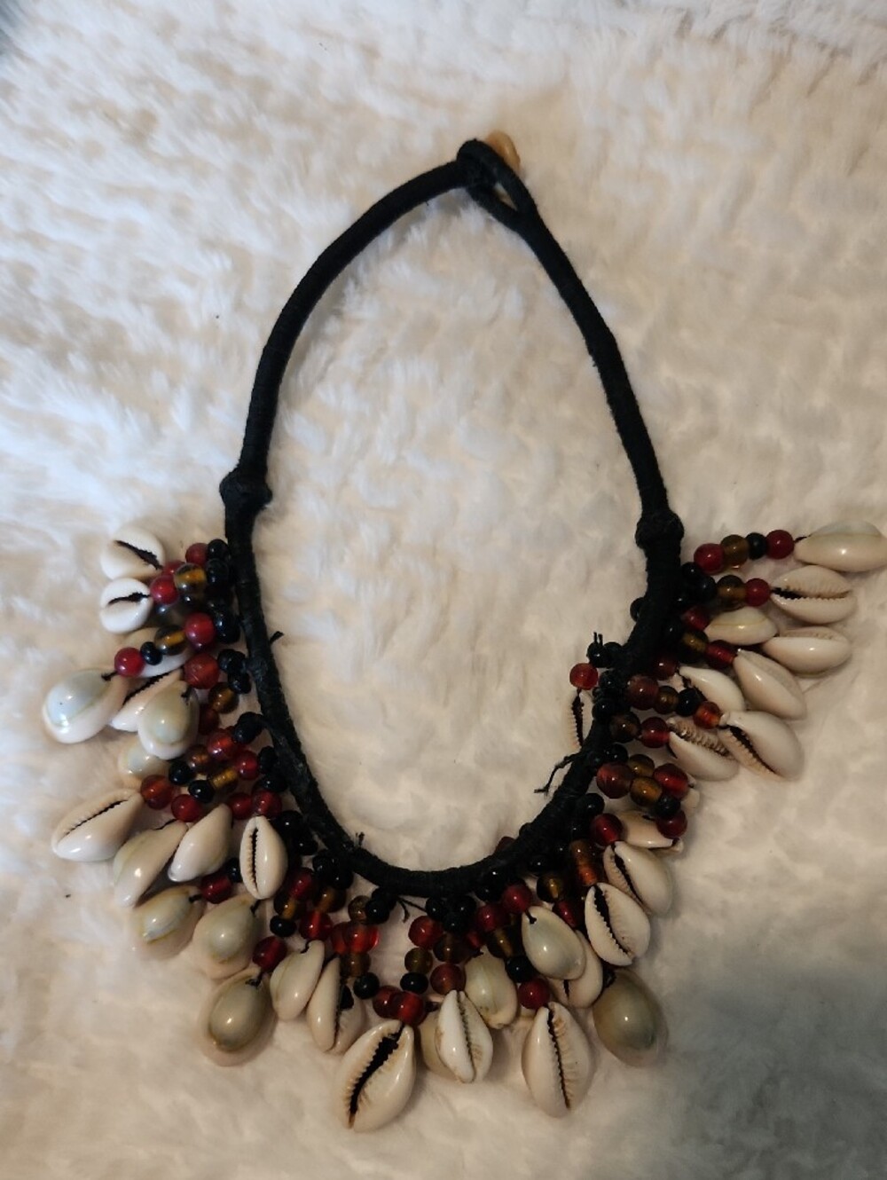 Handmade Cowrie Shell Necklace with Red and Brown Beads Boho Vibe - Picture 2 of 6